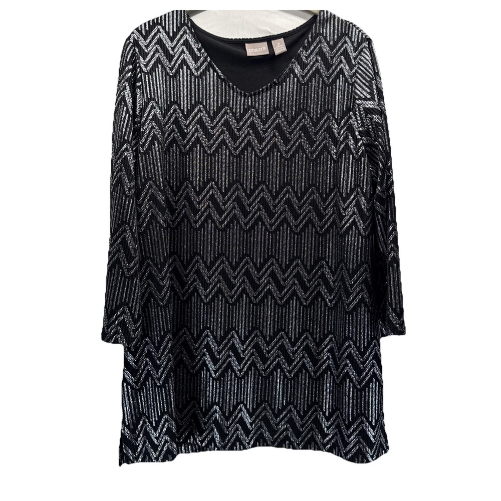 Chicos Women's Top Sz L Black Silver Metallic 3/4 Sleeves Pullover Stretch Lined